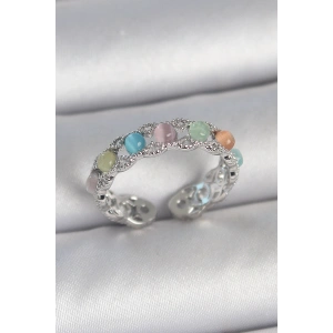 Erb Pirinç Gümüş Renk Renkli Mineli Ayarlanabilir Kadın Yüzük