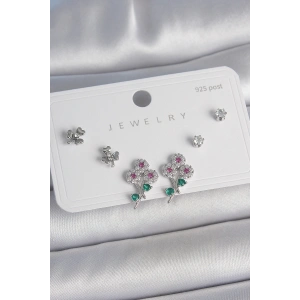 Erb Pirinç Gümüş Renk Renkli Zirkon Taşlı Çiçek Model Yaprak Detay 925 Ayar Gümüş Çivi Kadın Küpe Seti