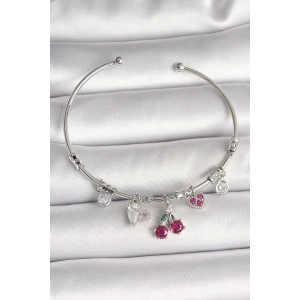 Erb Pirinç Gümüş Renk Sallantı Kiraz Figür Kalp Detay Charm Kadın Bileklik