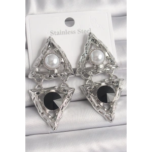 Erb Pirinç Gümüş Renk Sallantı Üçgen Model İnci Detay Kadın Küpe