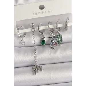 Erb Pirinç Gümüş Renk Sallantı Zirkon Taşlı Ağaç Figür Çoklu Kadın Küpe Seti