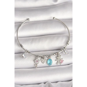 Erb Pirinç Gümüş Renk Sallantı Zirkon Taşlı Ayıcık Figür Çiçek Detay Charm Kadın Bileklik