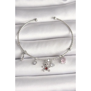 Erb Pirinç Gümüş Renk Sallantı Zirkon Taşlı Ayıcık Figür Kırmızı Taş Detay Charm Kadın Bileklik