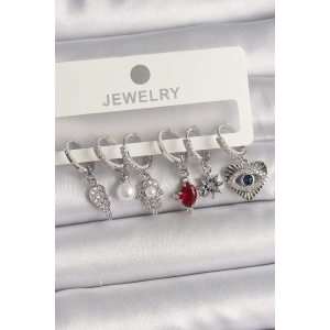 Erb Pirinç Gümüş Renk Sallantı Zirkon Taşlı Fatma Ana El Figür Kadın Küpe Seti