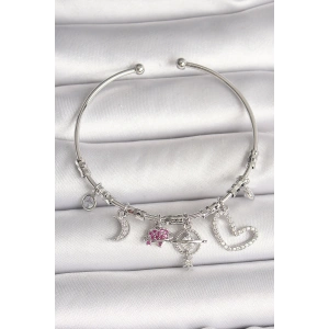 Erb Pirinç Gümüş Renk Sallantı Zirkon Taşlı Gezegen Figür Kalp Detay Charm Kadın Bileklik