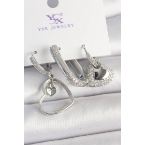 Erb Pirinç Gümüş Renk Sallantı Zirkon Taşlı Kalp Model 3'Lü Kadın Kombin Küpe