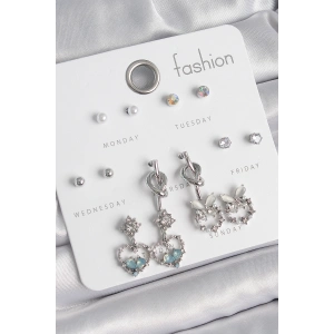 Erb Pirinç Gümüş Renk Sallantı Zirkon Taşlı Kalp Model Düğüm Detay 7 Çift Kadın Küpe Seti