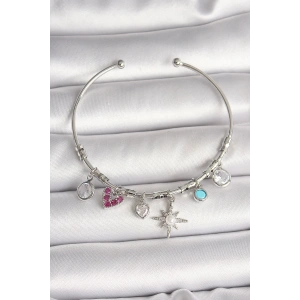 Erb Pirinç Gümüş Renk Sallantı Zirkon Taşlı Kutup Yıldız Figür Kalp Detay Charm Kadın Bileklik