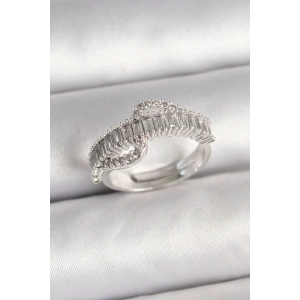 Erb Pirinç Gümüş Renk Su Yolu Zirkon Taşlı Ayarlanabilir Model Kadın Yüzük