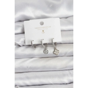 Erb Pirinç Gümüş Renk Yonca Model 3'lü Kadın Küpe Seti