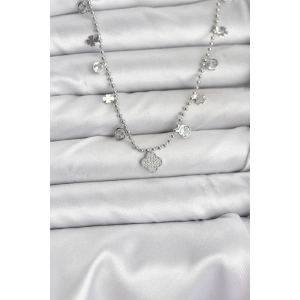 Erb Pirinç Gümüş Renk Yonca Model Kadın Kolye