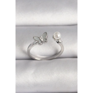 Erb Pirinç Gümüş Renk Zirkon Taş Detaylı Beyaz Mineli Kelebek Figür İnci Detay Ayarlanabilir Yüzük