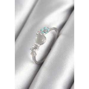 Erb Pirinç Gümüş Renk Zirkon Taş Detaylı Beyaz Sedefli Çiçek Model Kadın Yüzük