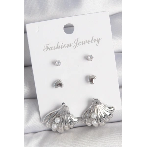 Erb Pirinç Gümüş Renk Zirkon Taş Detaylı İnci Detaylı Deniz Kabuğu Model 3 Çift Kadın Küpe