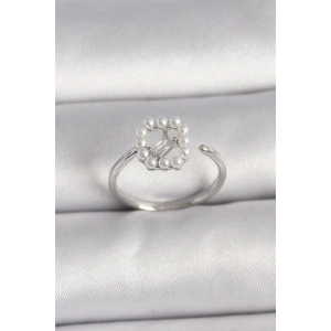 Erb Pirinç Gümüş Renk Zirkon Taş Detaylı İncili Ayarlanabilir Yüzük