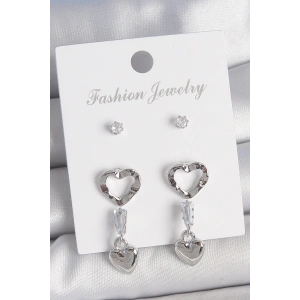 Erb Pirinç Gümüş Renk Zirkon Taş Detaylı Sallantı Model 2 Çift Kadın Küpe Seti