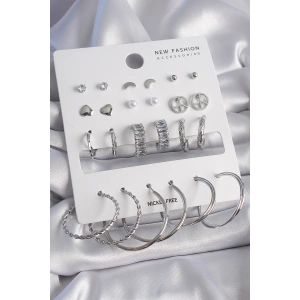 Erb Pirinç Gümüş Renk Zirkon Taşlı 12 Çift Kadın Küpe Seti