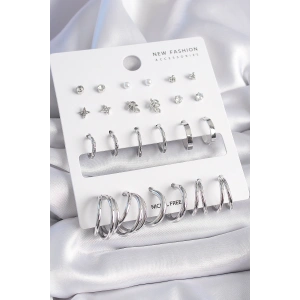 Erb Pirinç Gümüş Renk Zirkon Taşlı 12 Çift Küpe Seti