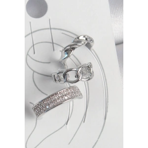 Erb Pirinç Gümüş Renk Zirkon Taşlı 3'Lü Zincir Sarmal Model Kadın Kıkırdak Küpe