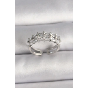 Erb Pirinç Gümüş Renk Zirkon Taşlı Ayarlanabilir Yüzük