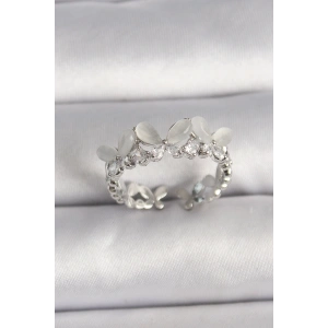 Erb Pirinç Gümüş Renk Zirkon Taşlı Beyaz Mineli Kelebek Model Ayarlanabilir Yüzük