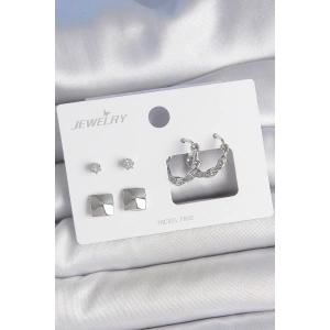 Erb Pirinç Gümüş Renk Zirkon Taşlı Burgu Halka Model Kare Detay 3 Çift Kadın Küpe Seti