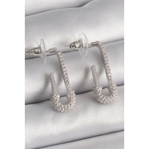 Erb Pirinç Gümüş Renk Zirkon Taşlı Çengelli İğne Model Kadın Küpe