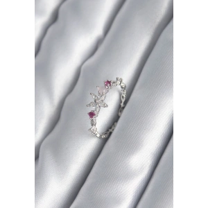 Erb Pirinç Gümüş Renk Zirkon Taşlı Çiçek Model Pembe Zirkon Taş Detay Kadın Yüzük