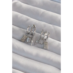 Erb Pirinç Gümüş Renk Zirkon Taşlı Çoklu Aksesuarlı Yarım Halka Kaburga Küpe