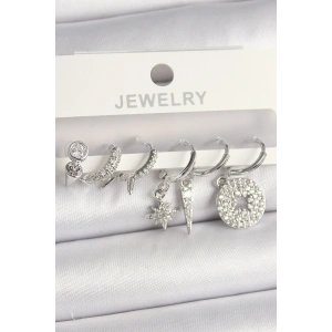 Erb Pirinç Gümüş Renk Zirkon Taşlı Çoklu Figür Kadın Küpe Seti