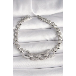 Erb Pirinç Gümüş Renk Zirkon Taşlı Daire Zincir Model Kadın Bileklik