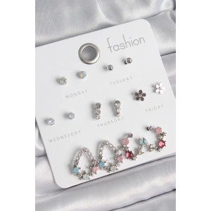 Erb Pirinç Gümüş Renk Zirkon Taşlı Damla Model Çiçek Detay 7 Çift Kadın Küpe Seti