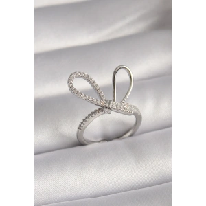 Erb Pirinç Gümüş Renk Zirkon Taşlı Düğüm Model Kadın Yüzük