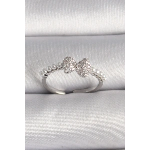 Erb Pirinç Gümüş Renk Zirkon Taşlı Fiyonk İnci Detay Ayarlanabilir Yüzük