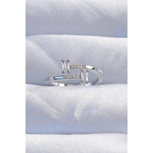 Erb Pirinç Gümüş Renk Zirkon Taşlı Geometrik Ayarlanabilir Yüzük