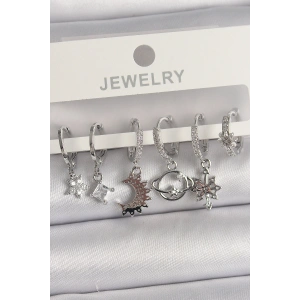 Erb Pirinç Gümüş Renk Zirkon Taşlı Gezgen Model Kadın Küpe Seti