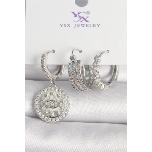 Erb Pirinç Gümüş Renk Zirkon Taşlı Göz İşlemeli Halka Model 3'Lü Kadın Kombin Küpe