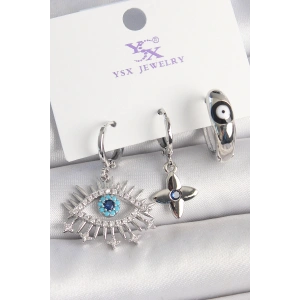 Erb Pirinç Gümüş Renk Zirkon Taşlı Göz Model Nazar Boncuk Detay 3'Lü Kadın Kombin Küpe