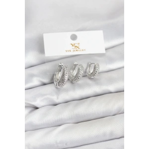 Erb Pirinç Gümüş Renk Zirkon Taşlı Halka Model YSX Trio Küpe Seti