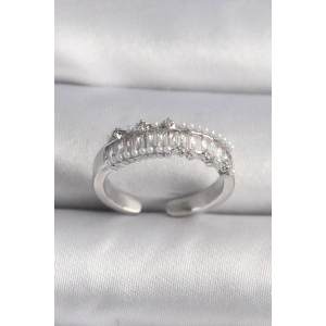 Erb Pirinç Gümüş Renk Zirkon Taşlı İnci Detay VIP Seri Kadın Yüzük