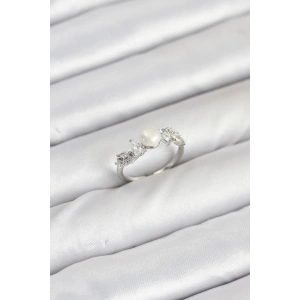 Erb Pirinç Gümüş Renk Zirkon Taşlı İncili Model Kadın Yüzük