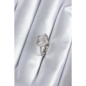 Erb Pirinç Gümüş Renk Zirkon Taşlı Kalp Charm Model Kadın Yüzük