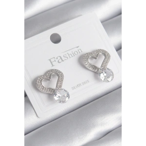 Erb Pirinç Gümüş Renk Zirkon Taşlı Kalp Model Damla Zirkon Taş Detay Kadın Küpe