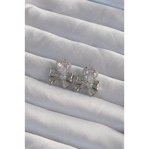 Erb Pirinç Gümüş Renk Zirkon Taşlı Kalp Model Fiyonk Küpe