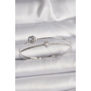 Erb Pirinç Gümüş Renk Zirkon Taşlı Kalp Model Kadın Bileklik