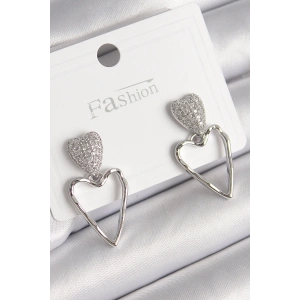 Erb Pirinç Gümüş Renk Zirkon Taşlı Kalp Model Kadın Küpe