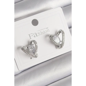 Erb Pirinç Gümüş Renk Zirkon Taşlı Kalp Model Kadın Küpe