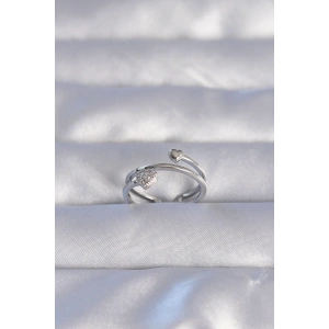 Erb Pirinç Gümüş Renk Zirkon Taşlı Kalpli Model Ayarlanabilir Yüzük