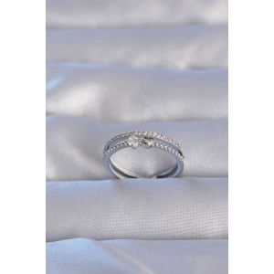 Erb Pirinç Gümüş Renk Zirkon Taşlı Kalpli Su Yolu Model Ayarlanabilir Yüzük