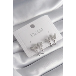 Erb Pirinç Gümüş Renk Zirkon Taşlı Kelebek Model Kadın Küpe